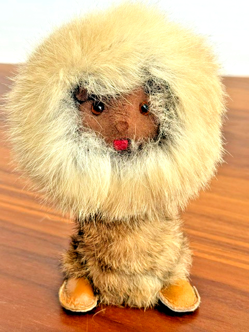 Vintage 6" Leather Brown Eyed Animal in Fur Coat Artist Doll Made in Poland